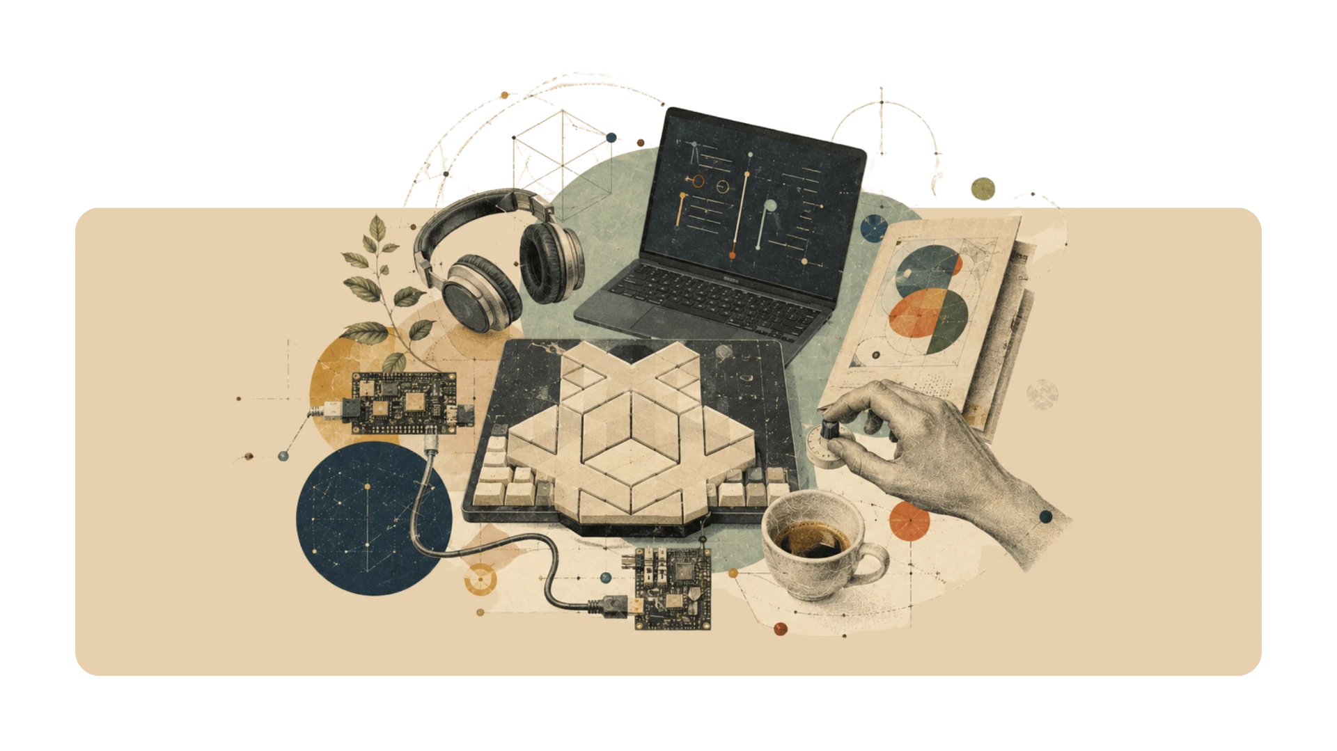 Archival collage of a creator workstation with laptop, headphones, split keyboard, coffee cup, circuit boards and geometric diagrams