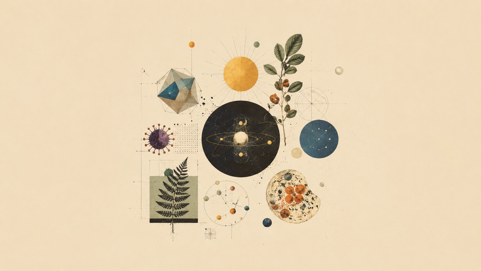 Archival collage of scientific instruments, orbits, molecules and botanical studies