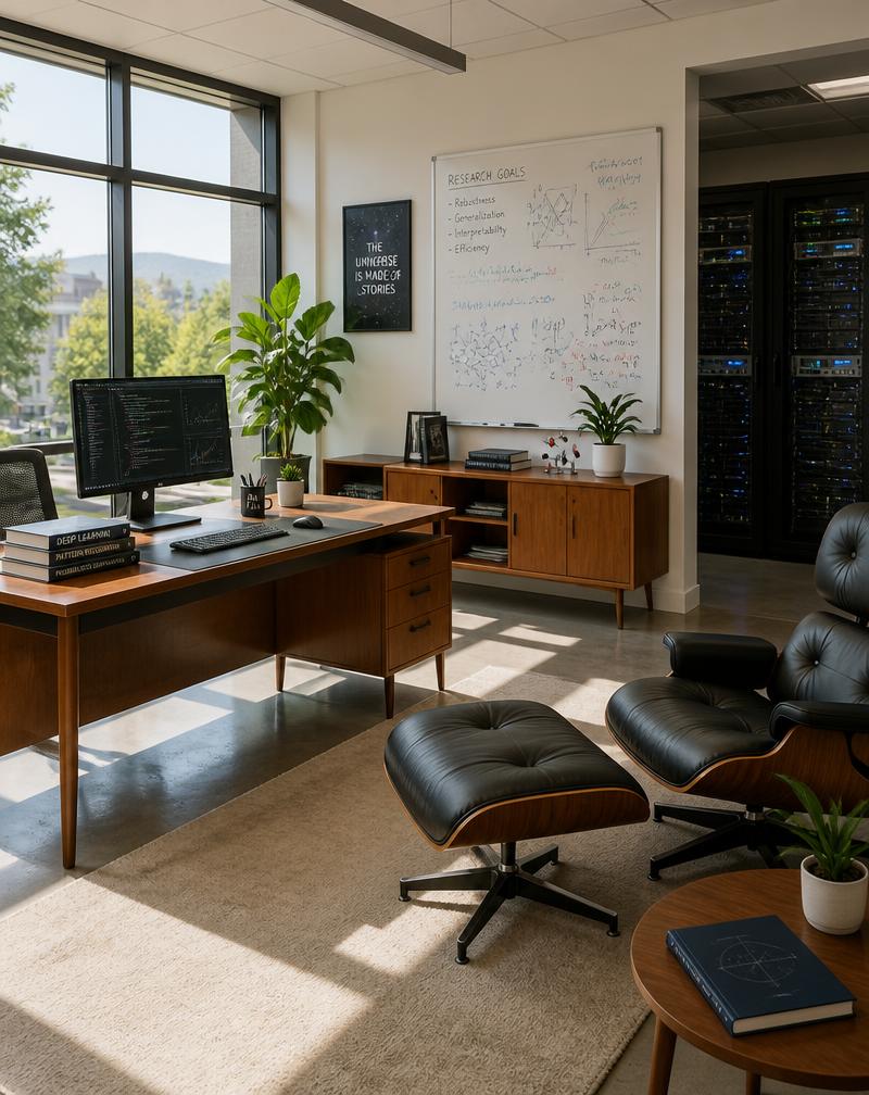 Sunlit PaxLabs research studio with warm materials and server racks